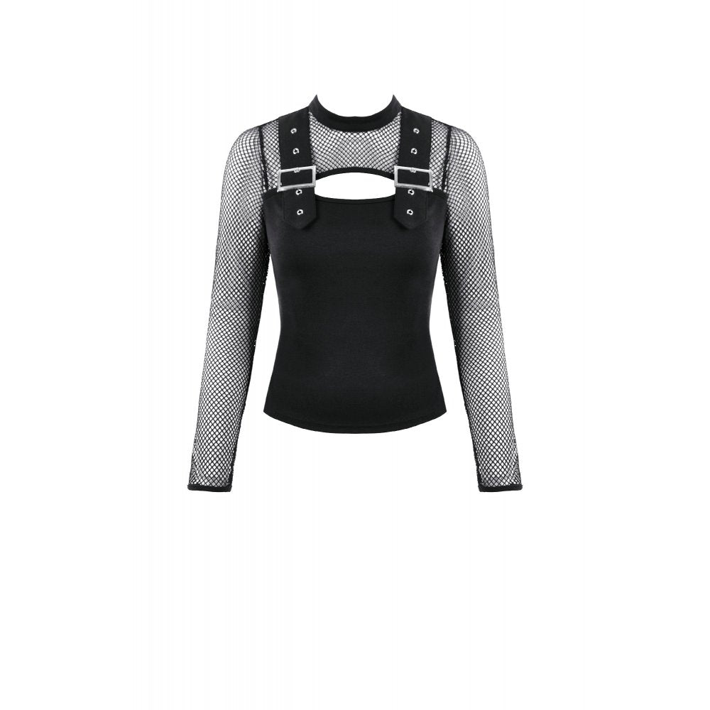 Punk Knitted Top with Mesh Overlay and Shoulder Buckle Details (✦ Dark In Love) TW665
