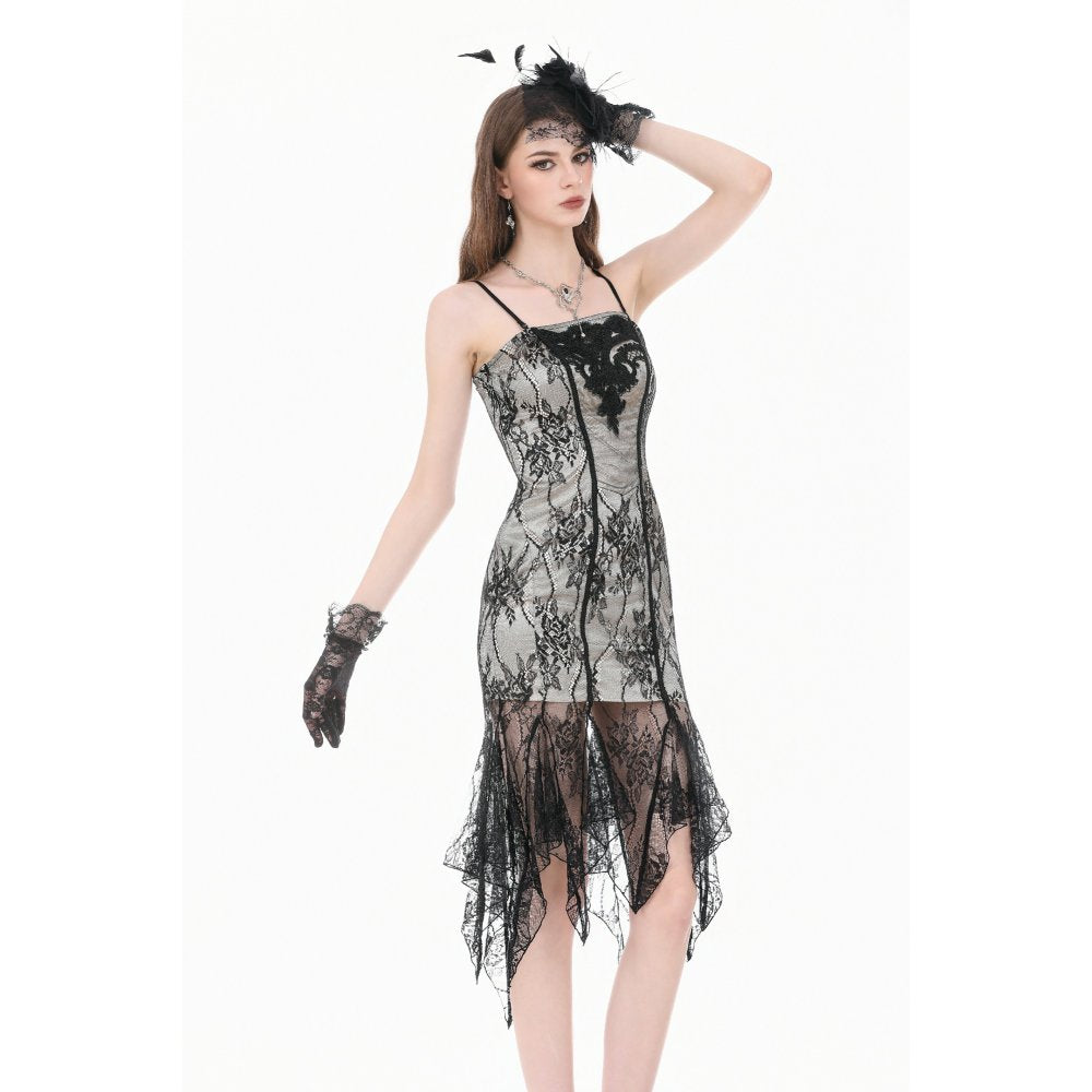 Gothic Two-Tone Lace Patchwork Dress with Floral Embroidery and Asymmetric Hem (✦ Dark In Love) DW1190