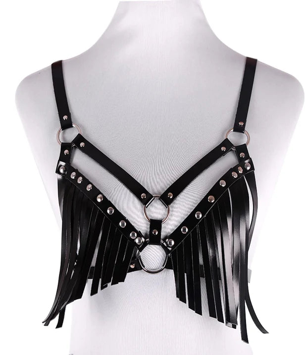 Faux Leather Fringe Harness Bralette with Metal Studs - ZAEG101