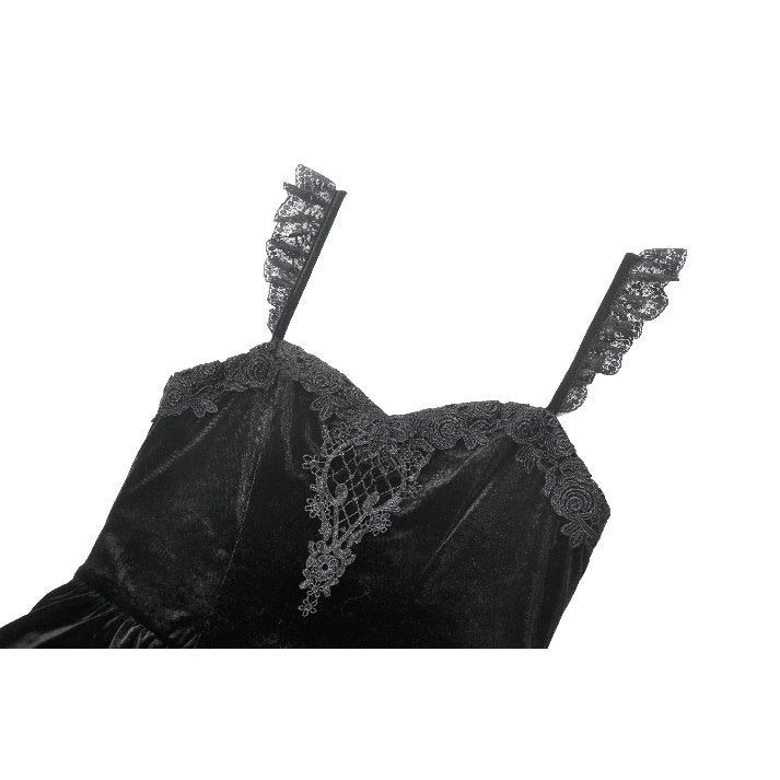 Gothic Midnight Velvet Dress with Lace Petal Sleeves and Layered Ruffle Skirt (✦ Dark In Love)