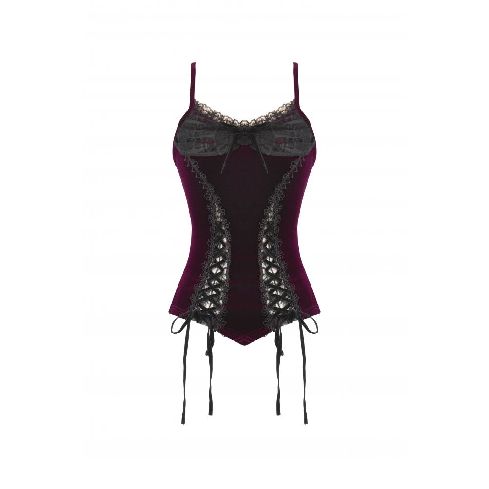 Gothic Burgundy Velvet top with Ribbon Bow and Lace-Up Sides (✦ Dark In Love)