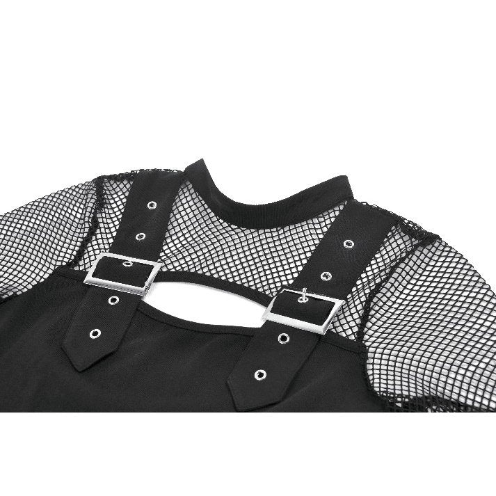 Punk Knitted Top with Mesh Overlay and Shoulder Buckle Details (✦ Dark In Love) TW665