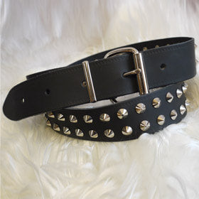 Leather Belt: 2 Row Silver Conical (Black)