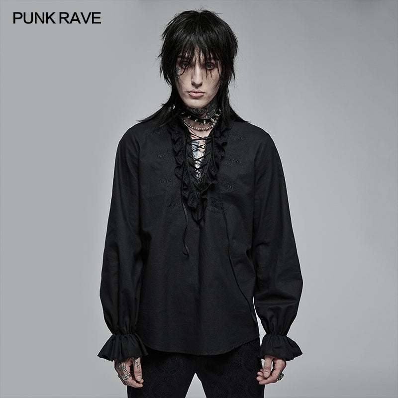Original Design Goth Skeleton Embroidered Ruffles Shirt (Black) (✦ Punk Rave) WY-1367XCM-BLK