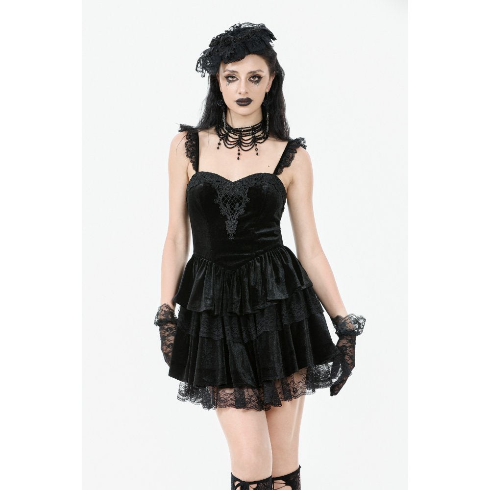 Gothic Midnight Velvet Dress with Lace Petal Sleeves and Layered Ruffle Skirt (✦ Dark In Love)