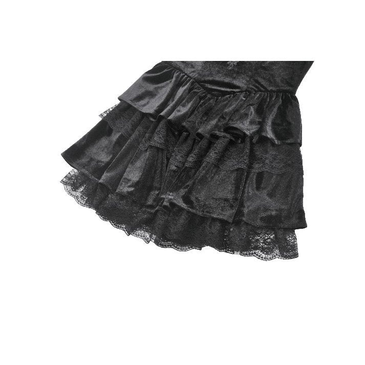 Gothic Midnight Velvet Dress with Lace Petal Sleeves and Layered Ruffle Skirt (✦ Dark In Love)