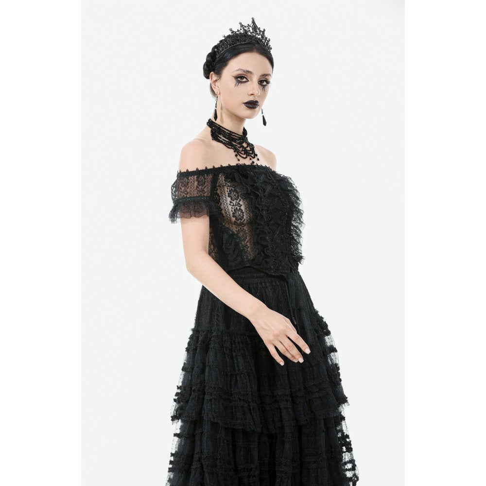 Gothic Off-Shoulder Lace Top with Floral Trim (✦ Dark In Love)
