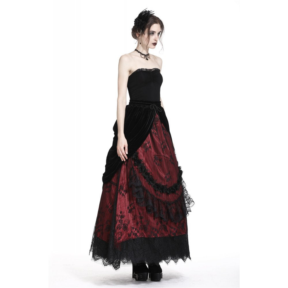 Gothic black red wave velvet lace maxi skirt(✦ Dark In Love)