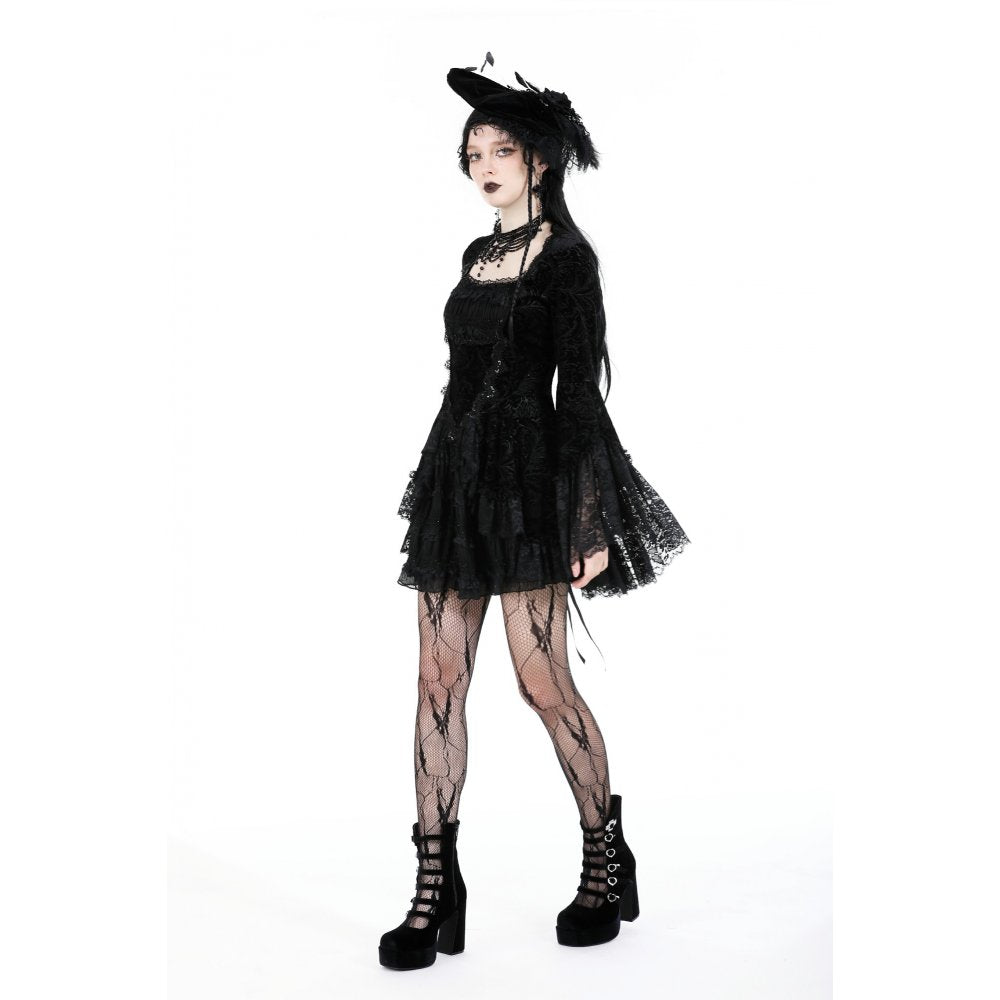 Gothic luxe lace-trim pattern velvet dress (✦ Dark In Love)