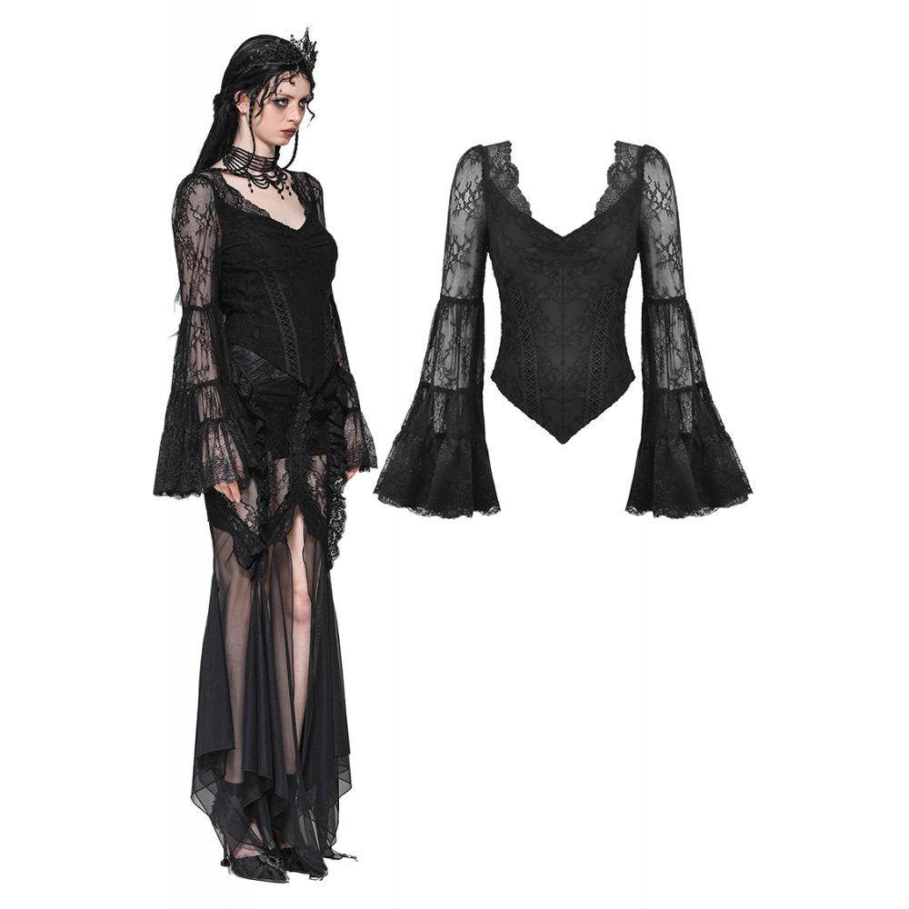 Gothic Romantic Lace Patchwork Bell-Sleeve Layered Cuff Top (✦ Dark In Love) TW607