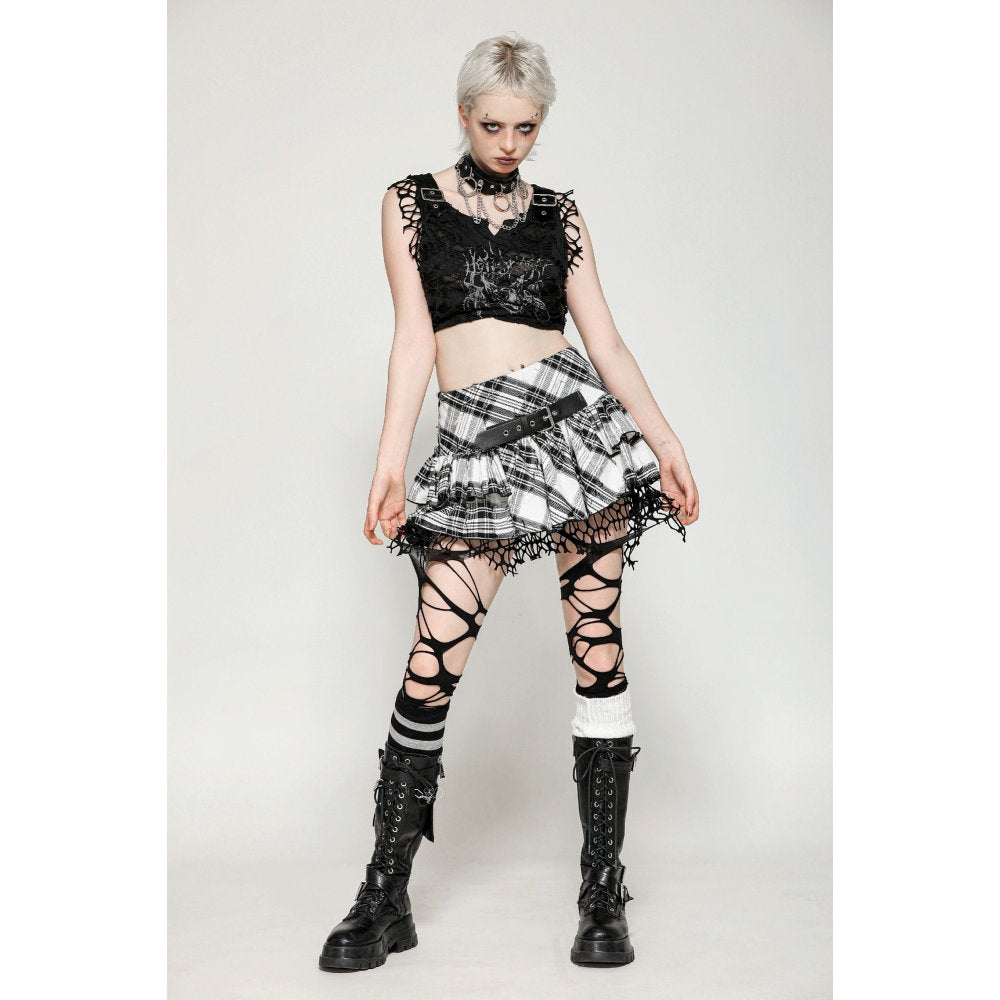 Punk Black and White Checkered Asymmetrical Messy Net Skirt (✦ Dark In Love)