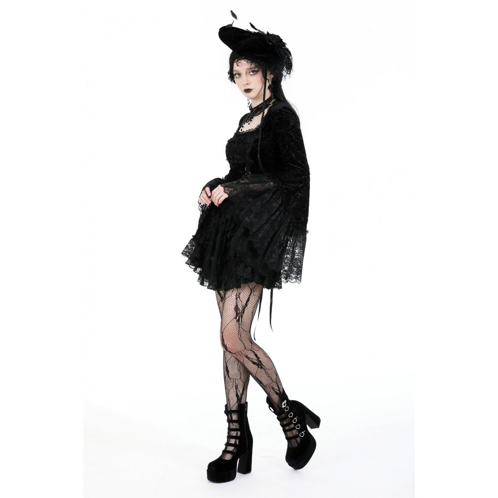 Gothic luxe lace-trim pattern velvet dress (✦ Dark In Love)
