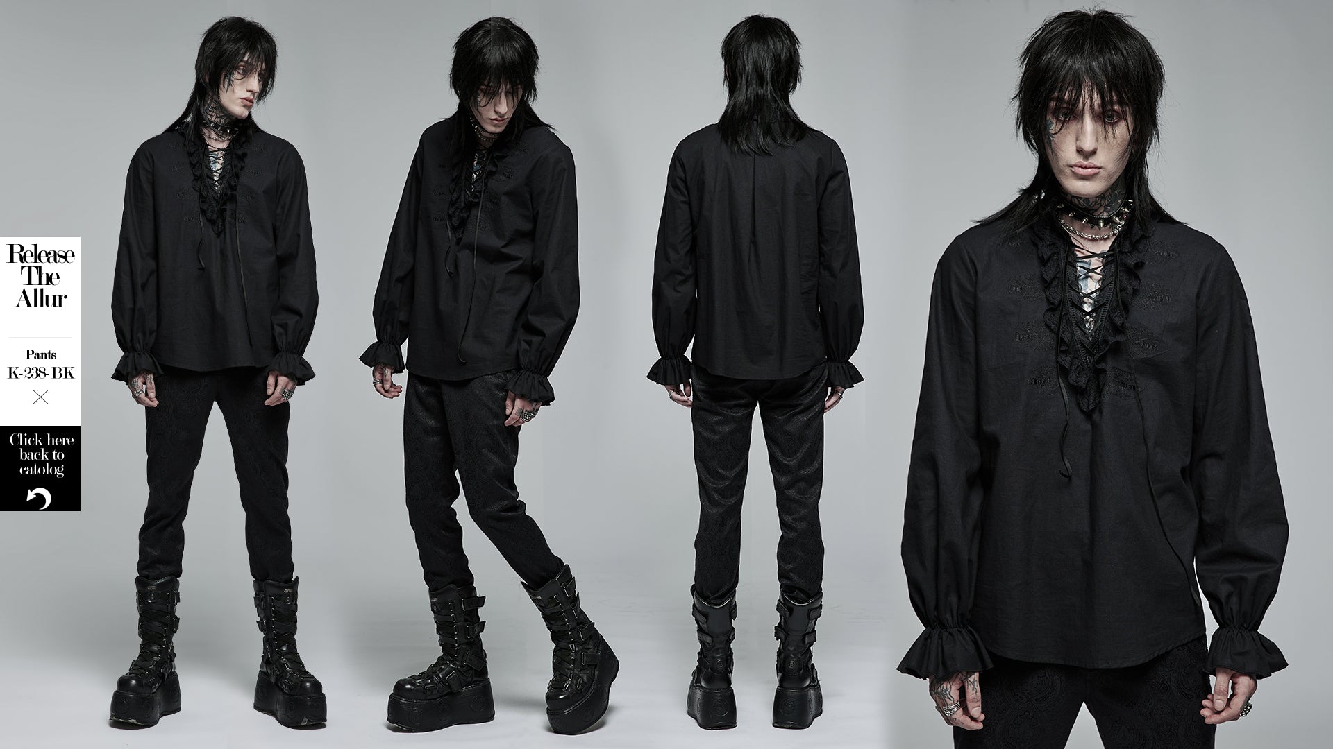 Original Design Goth Skeleton Embroidered Ruffles Shirt (Black) (✦ Punk Rave) WY-1367XCM-BLK