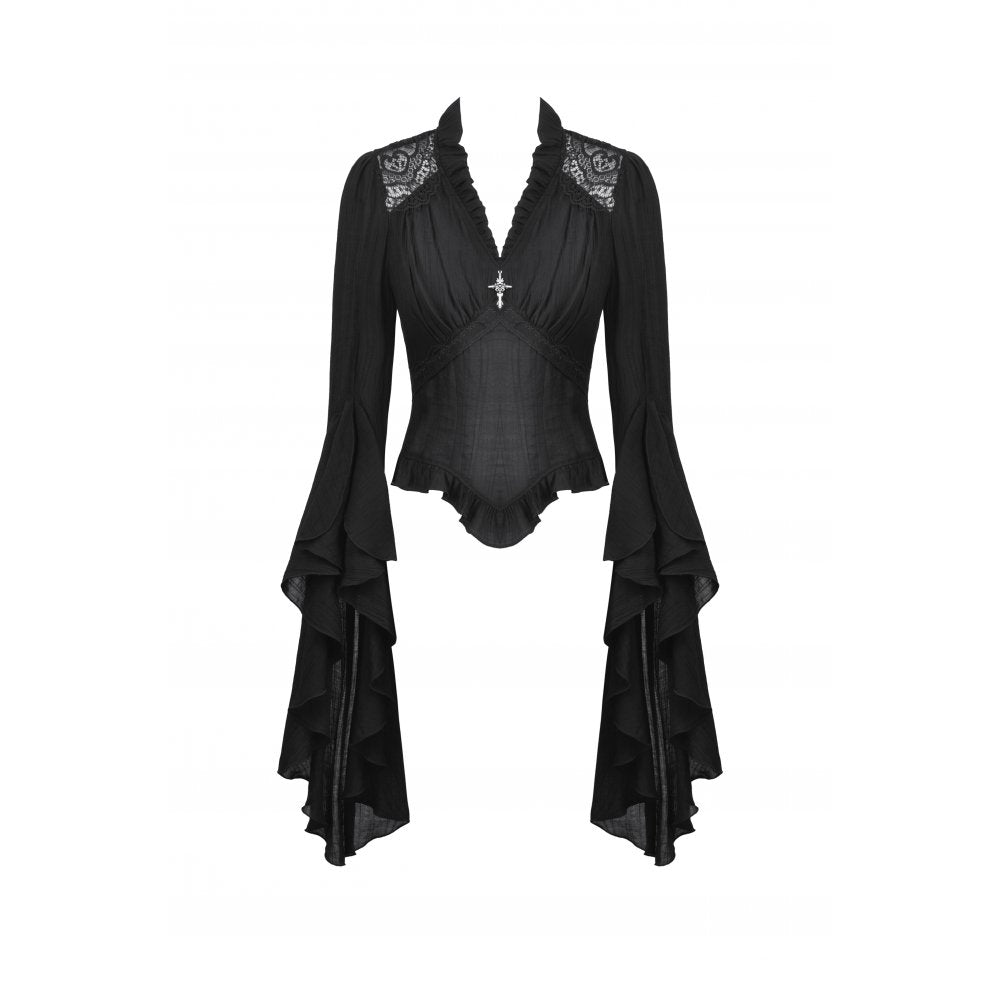 Black classic bell sleeve v-neck top (✦ Dark In Love) TW624