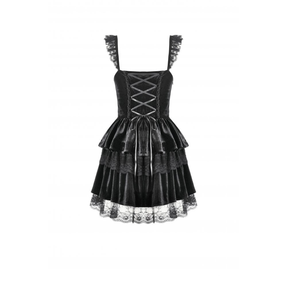 Gothic Midnight Velvet Dress with Lace Petal Sleeves and Layered Ruffle Skirt (✦ Dark In Love)