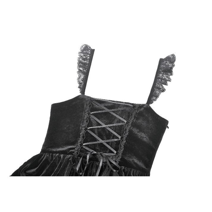 Gothic Midnight Velvet Dress with Lace Petal Sleeves and Layered Ruffle Skirt (✦ Dark In Love)