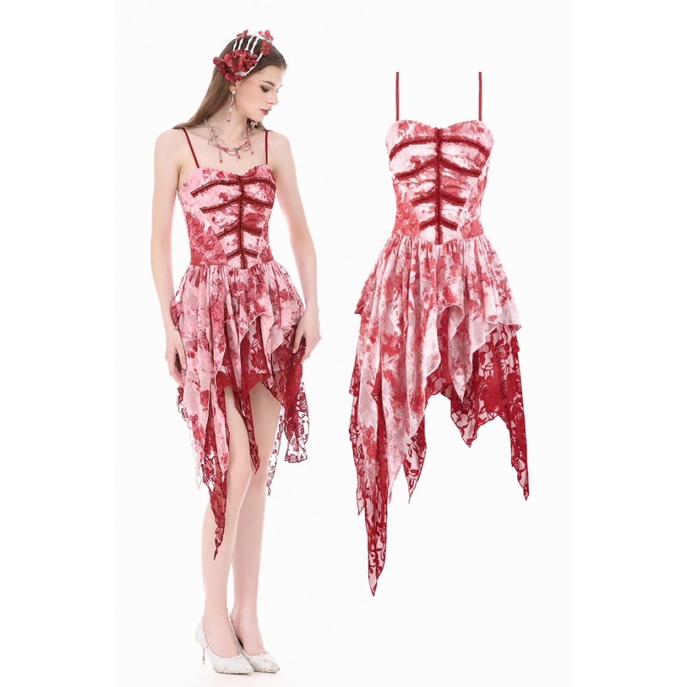 Gothic Asymmetric Dress in Red-White Tie-Dye Chiffon (✦ Dark In Love) DW1182