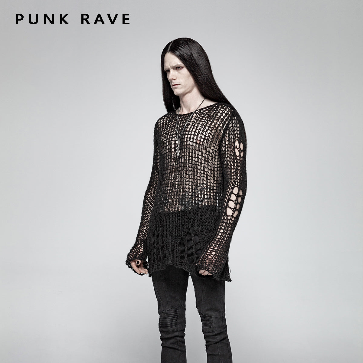 Broken pullover summer men sweater OPM-004 (Black) (✦ Punk Rave)