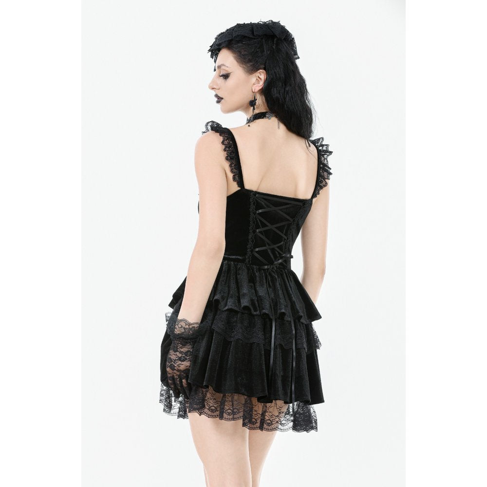 Gothic Midnight Velvet Dress with Lace Petal Sleeves and Layered Ruffle Skirt (✦ Dark In Love)