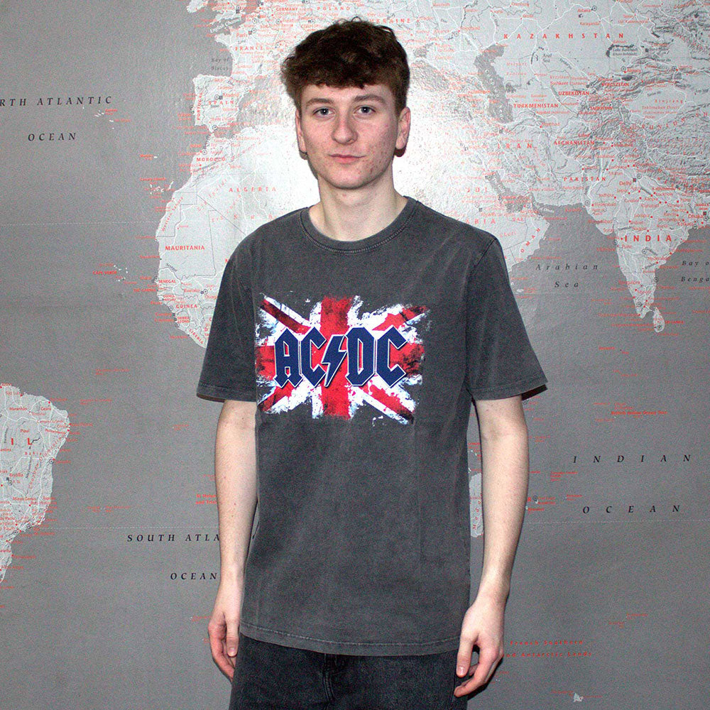 AC/DC Unisex Stone Wash T-Shirt: Flag (Charcoal Grey)
