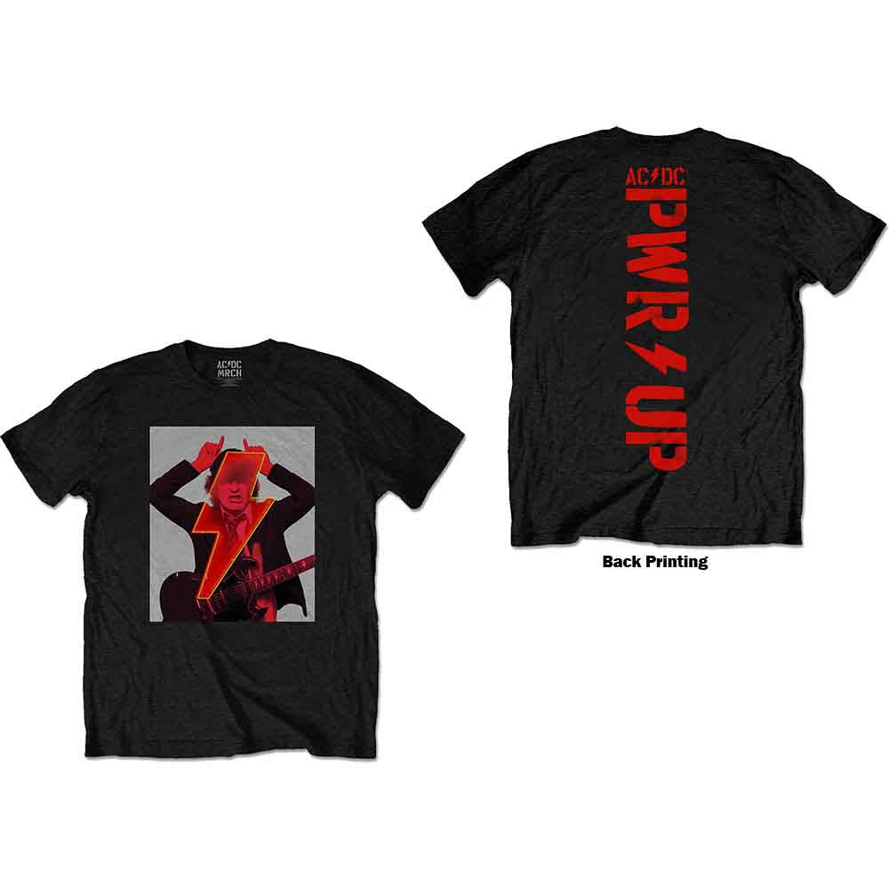 AC/DC Unisex T-Shirt: Angus Finger Horns (Black) (Back Print)