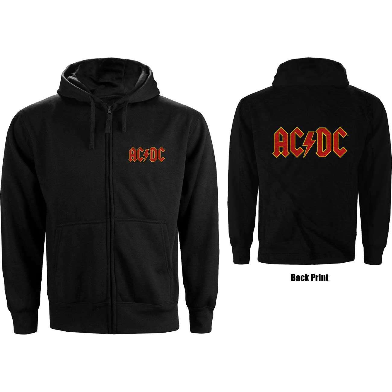 AC/DC Unisex Zipped Hoodie: Logo (Black) (Back Print)