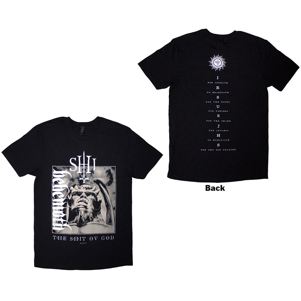 Behemoth Unisex T-Shirt: The Shit Ov God Vertical Logo Cover (Black) (Back Print)