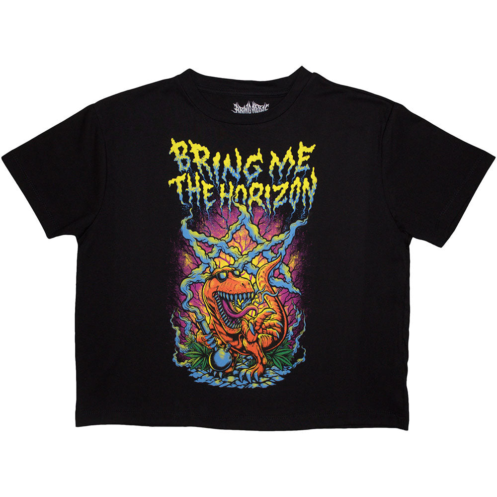 Bring Me The Horizon Ladies Crop Top: Smoking Dinosaur (Black)