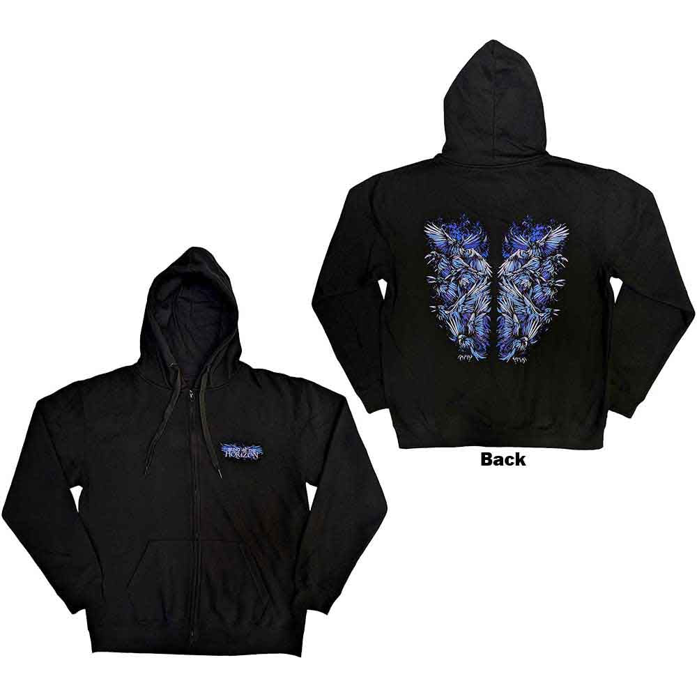 Bring Me The Horizon Unisex Zipped Hoodie: Blue Crow Wings (Black) (Back Print)