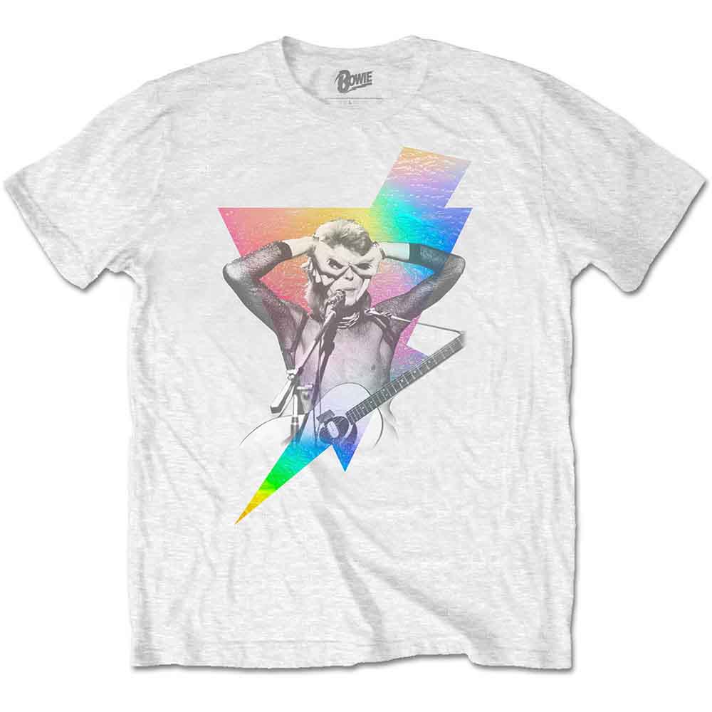David Bowie Unisex T-Shirt: Holographic Bolt Foiled Print (White) (Embellished)