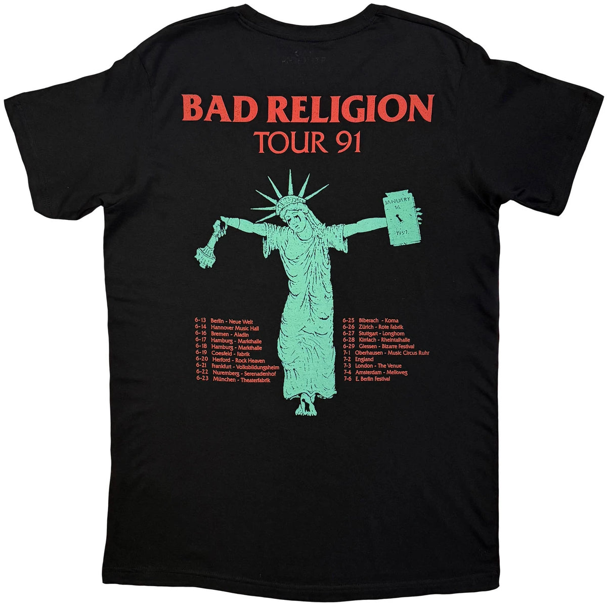 Bad Religion Unisex T-Shirt: Liberty Tour 91 (Black) (Back Print)