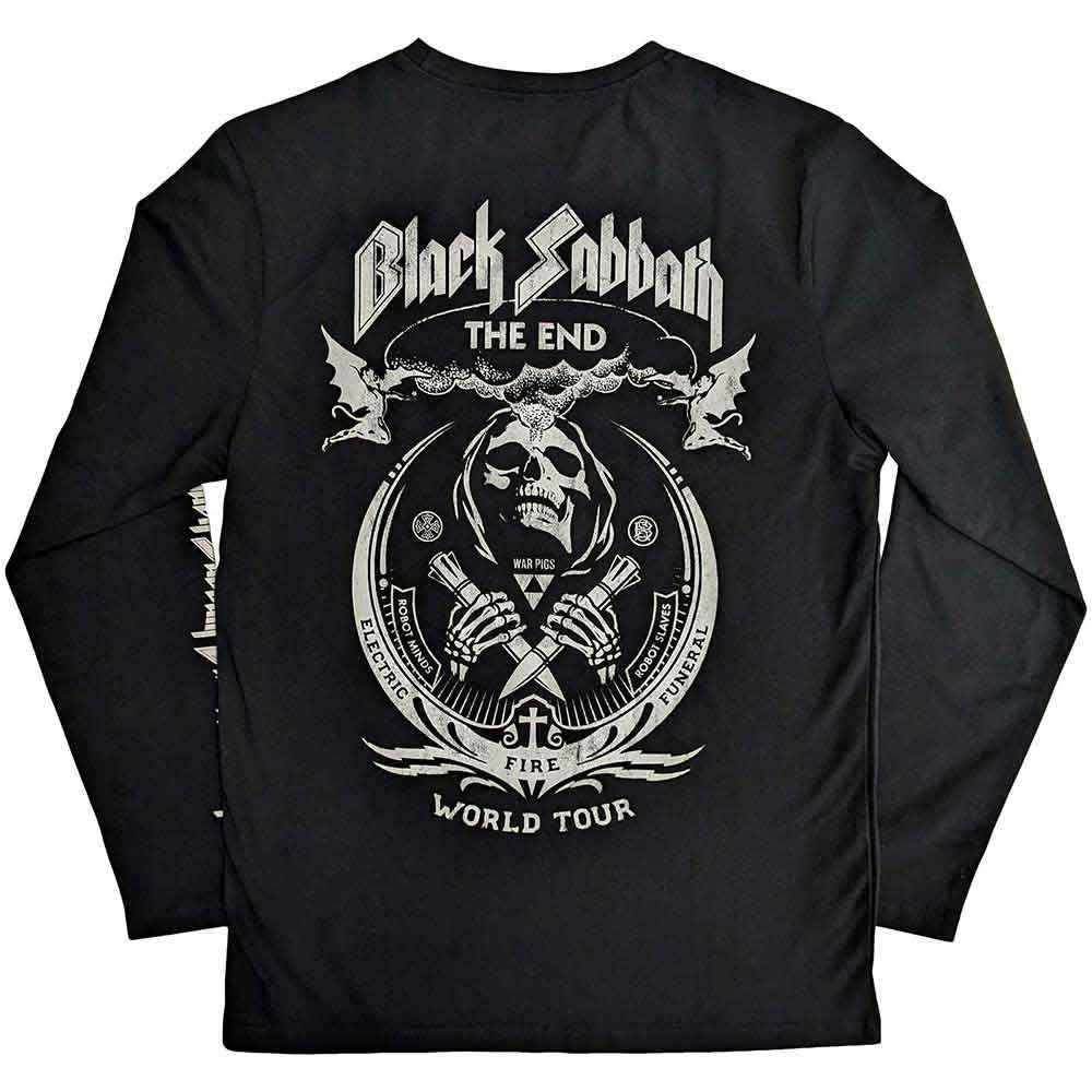 Black Sabbath Unisex Long Sleeve T-Shirt: The End Mushroom Cloud (Black) (Back & Sleeve Print)