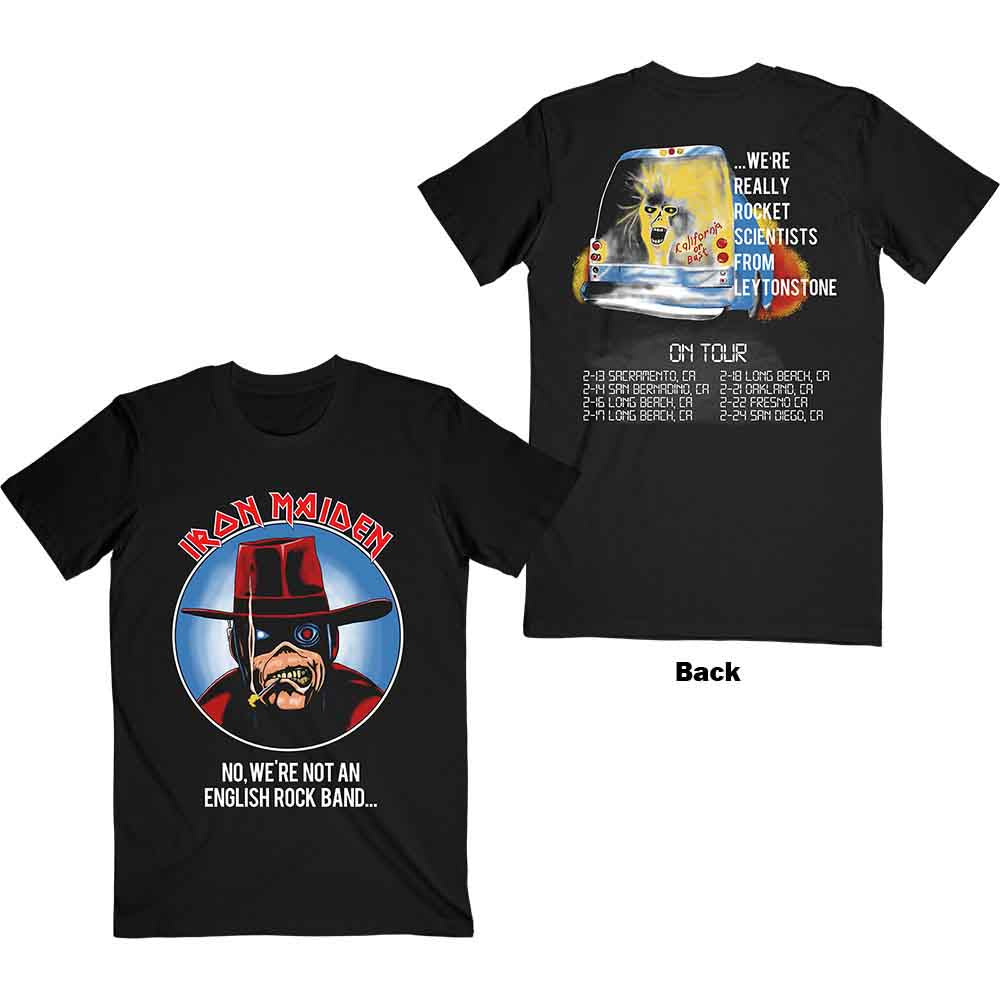 Iron Maiden Unisex T-Shirt: Not An English Rock Band (Black) (Back Print)