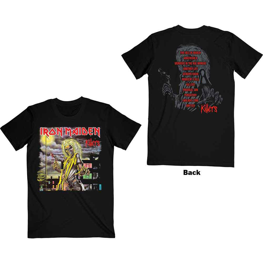 Iron Maiden Unisex T-Shirt: Killers V.2. Album Track list (Black) (Back Print)