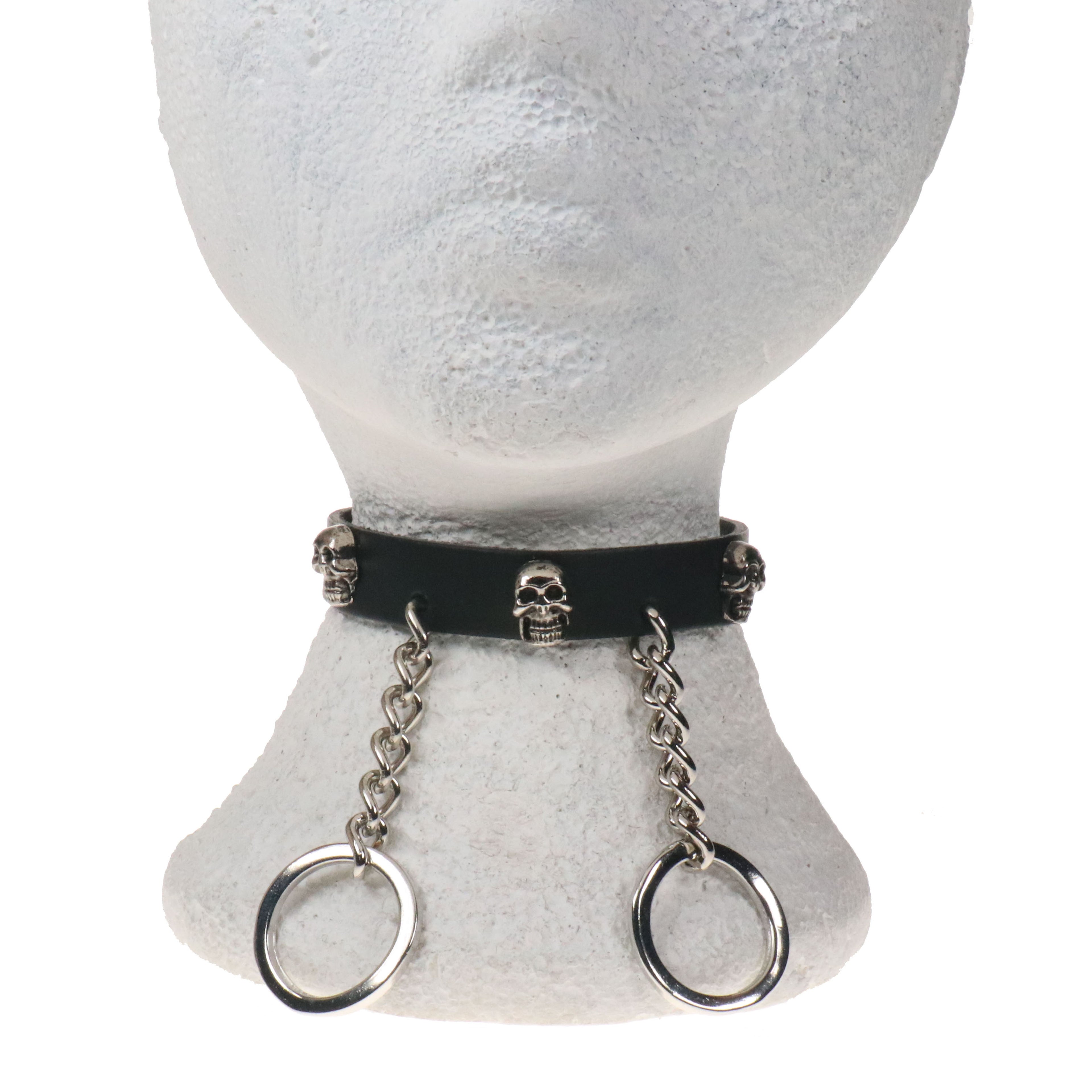 Leather Neckband: 1 Row Skull & Hanging Chain