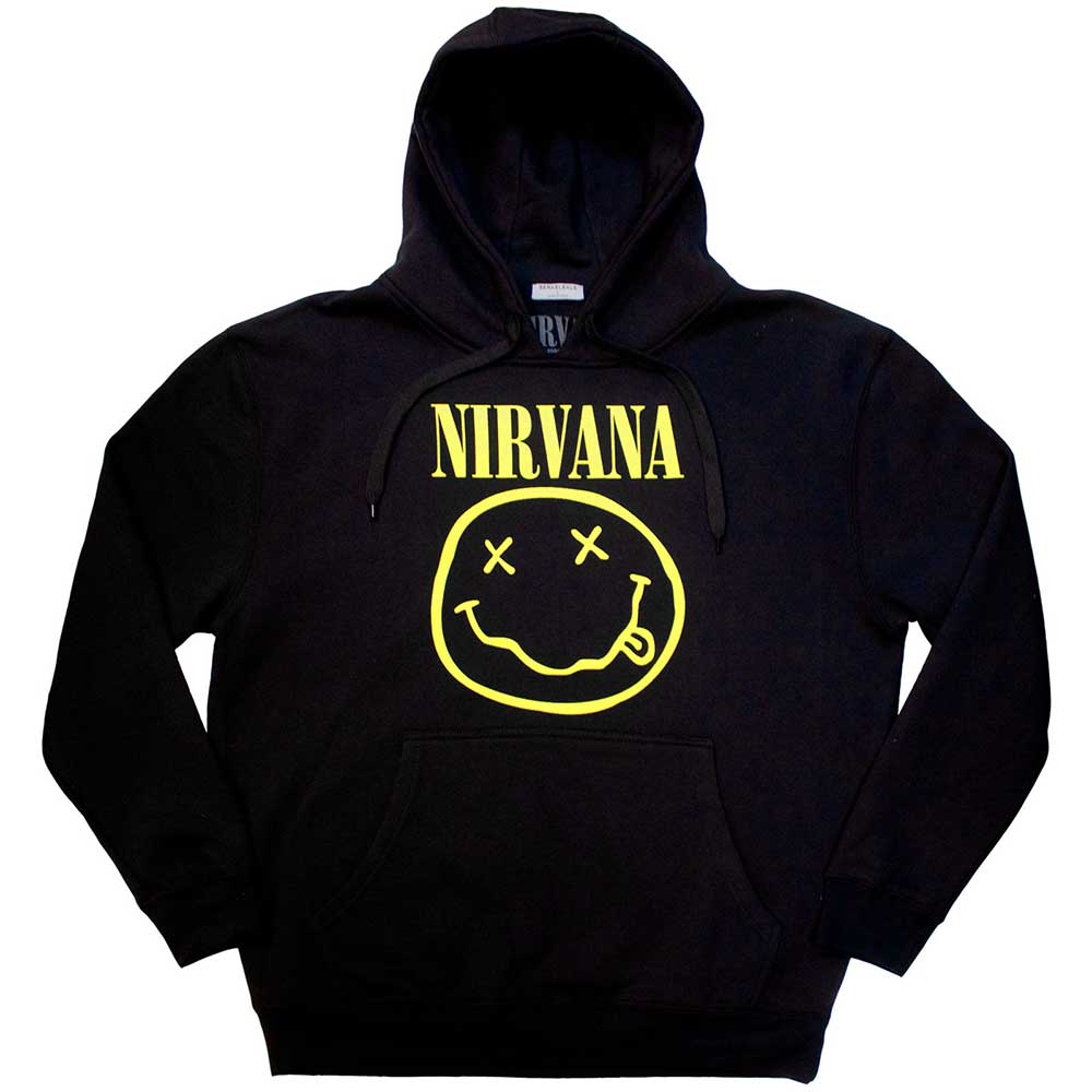 Nirvana Unisex Pullover Hoodie: Yellow Happy Face (Black)