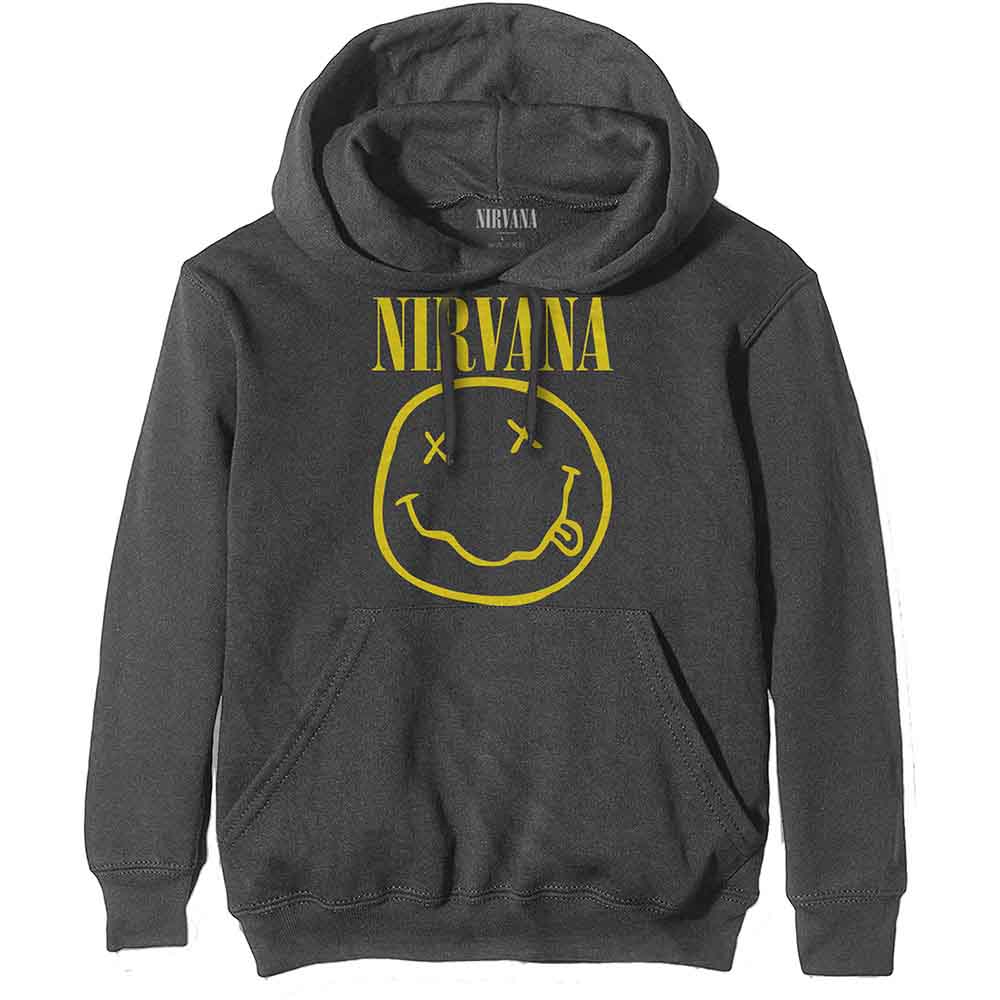 Nirvana Unisex Pullover Hoodie: Yellow Happy Face (Charcoal Grey)