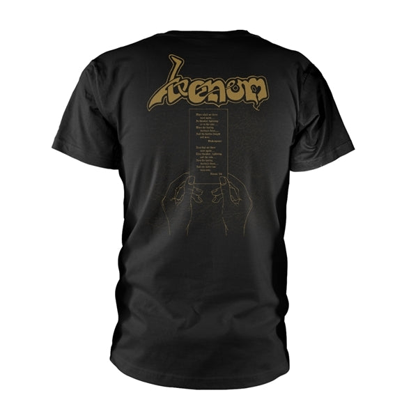 Venom Unisex T-Shirt: At War With Satan (Gold) (Black) (Back Print)