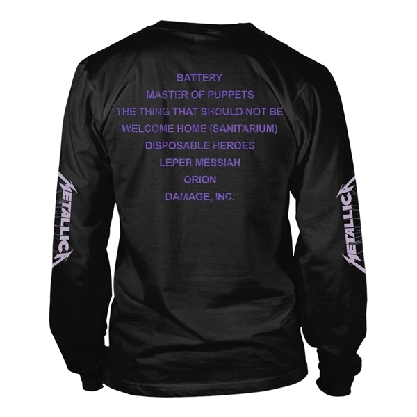 Metallica Unisex Long Sleeve T-Shirt: Master Of Puppets Tracks (Black) (Back & Sleeve Print)
