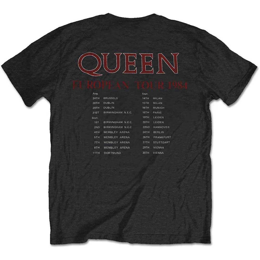 Queen Unisex T-Shirt: European Tour 1984 (Black) (Back Print)