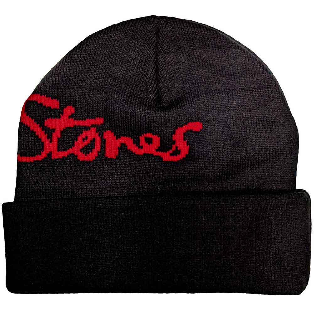 The Rolling Stones Unisex Beanie Hat: Embellished Classic Tongue (Black) (Back Print)