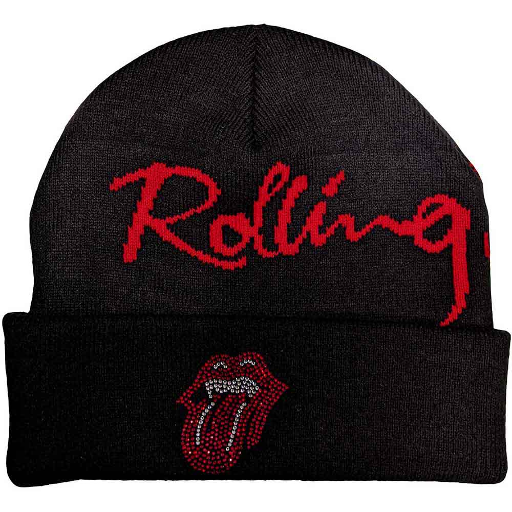 The Rolling Stones Unisex Beanie Hat: Embellished Classic Tongue (Black) (Back Print)