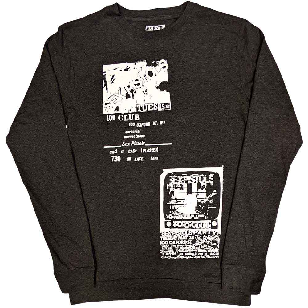 The Sex Pistols Unisex Long Sleeve T-Shirt: 100 Club (Charcoal Grey) (Back Print)