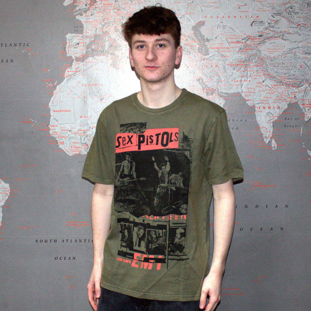 The Sex Pistols Unisex Stone Wash T-Shirt: Photo Collage (Green)