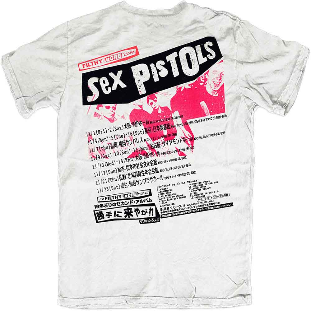 The Sex Pistols Unisex T-Shirt: Filthy Lucre Japan (White) (Back Print)