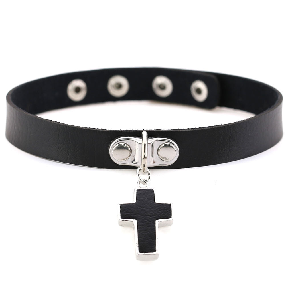 Vegan Leather Neckband: Black Cross