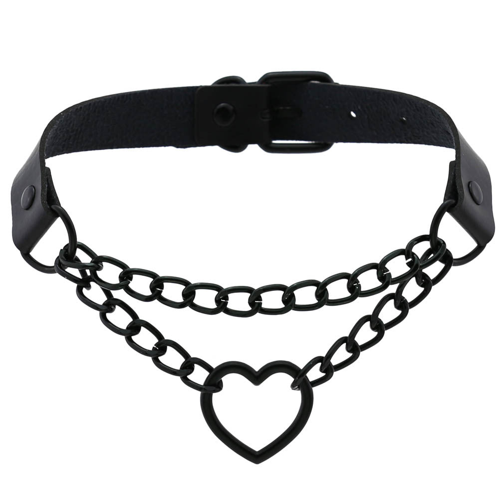 Vegan Leather Neckband: Black Heart Chain