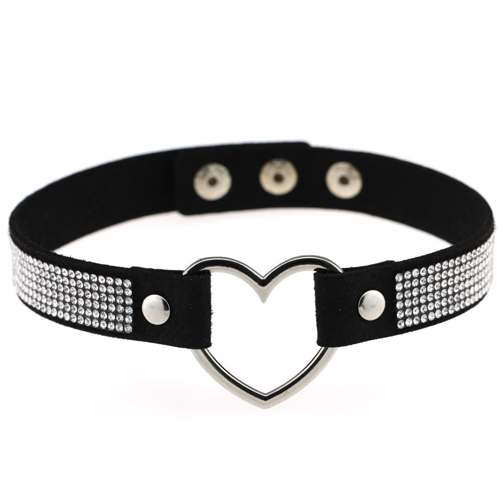 Vegan Leather Neckband: Heart Rhinestones