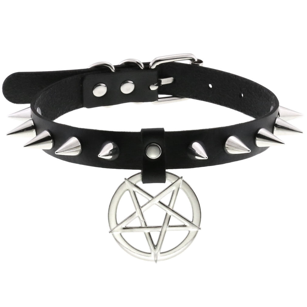Vegan Leather Neckband: Pentagram Pendant Cone