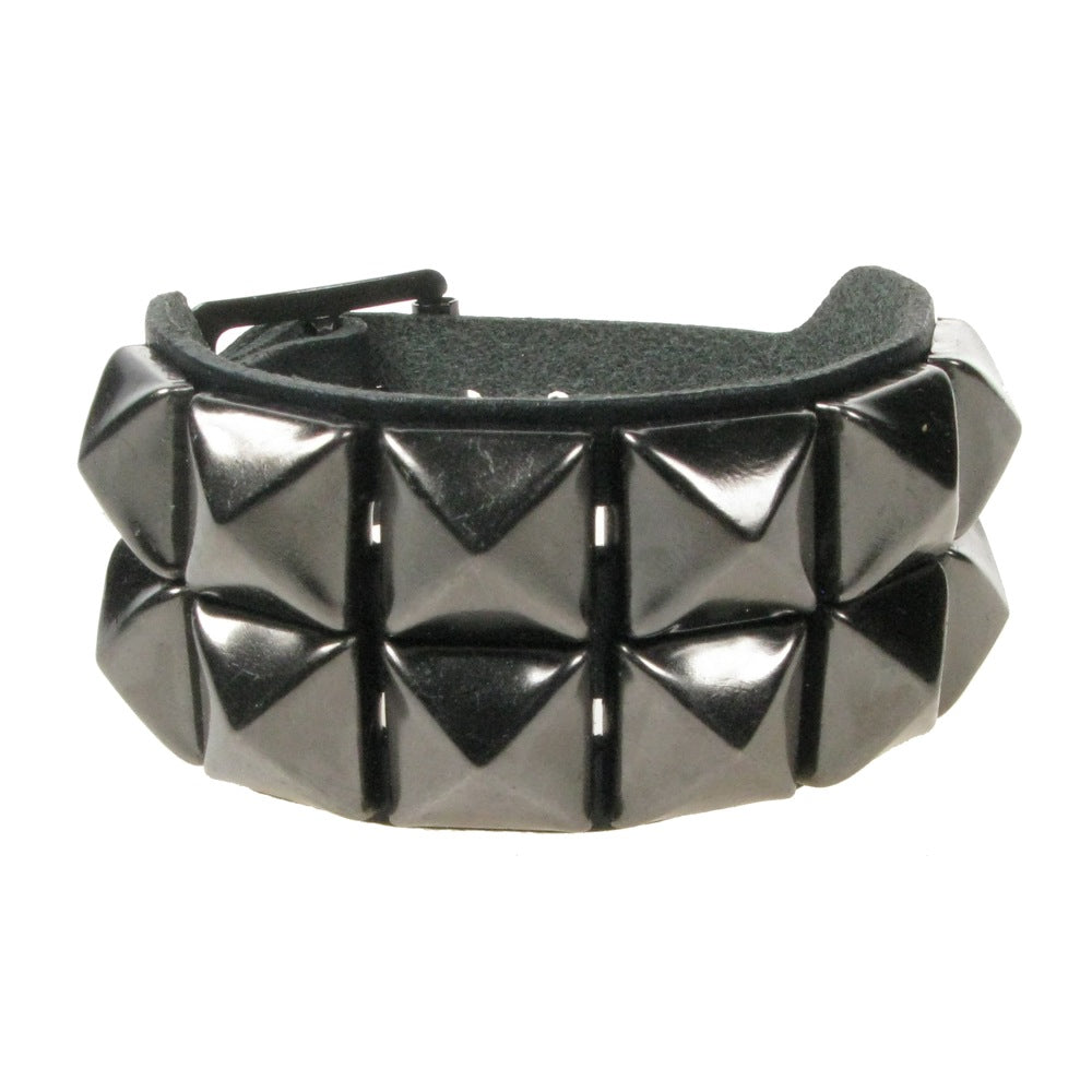 Leather Wristband: 2 Row Gun Metal Pyramid Studs